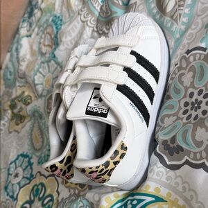 NWOT Adidas Kids Sneakers White Black with Leopard Accent Superstar